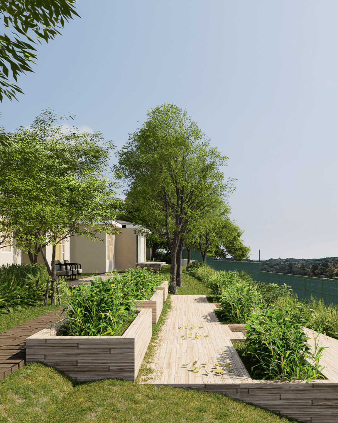 3D visualization of a modern California landscape pathway with planting beds and natural lighting by Axon Immersive Visuals