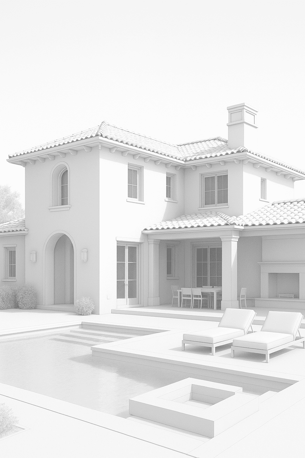 Clay render of a California-style residential exterior with pool and terrace, created by Axon Immersive Visuals.