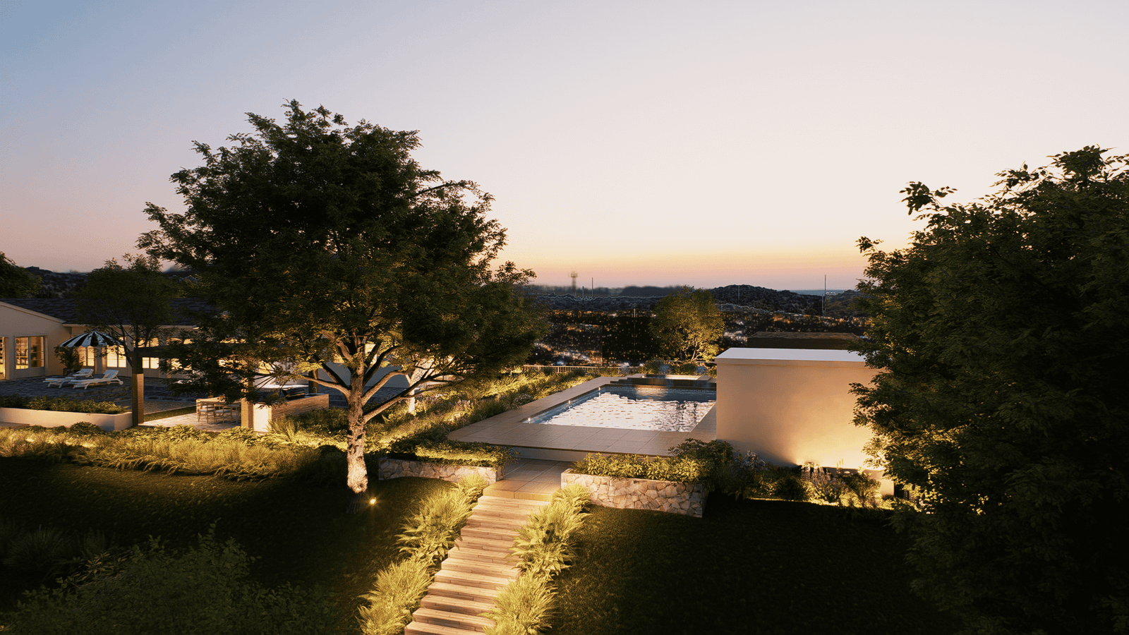 3D night visualization of a modern California pool and landscape by Axon Immersive Visuals