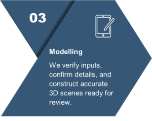 3D visualization process, Modelling step by Axon Immersive Visuals showing scene development and accuracy verification.