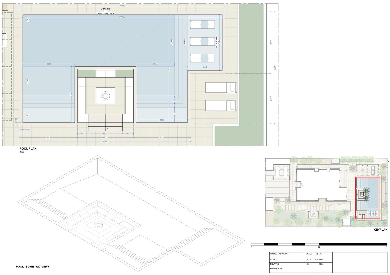 Pool plan with isometric view showing layout, steps, seating ledge, and site integration drafted by Axon