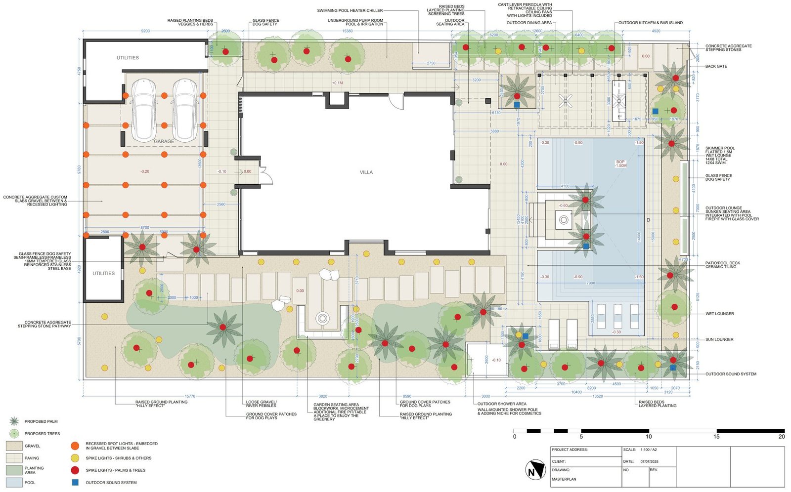 2D masterplan drawing of a villa site including pool, pergola, kitchen, and landscape layout drafted by Axon Studio.