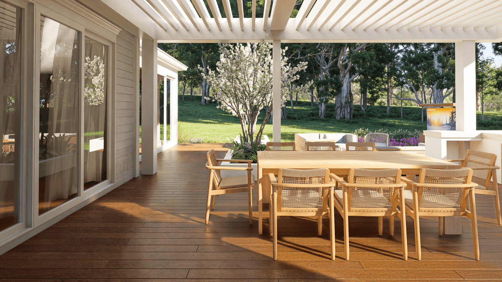 3D render of a covered pergola dining terrace at an Ohio residence with clear indoor–outdoor flow