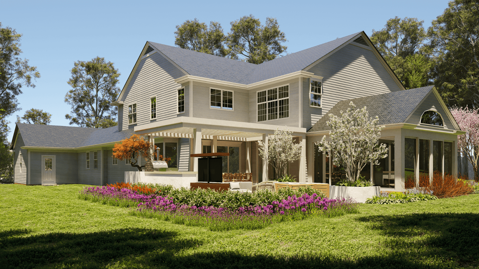 3D architectural visualization of an Ohio residence garden terrace and covered outdoor living by Axon Immersive Visuals