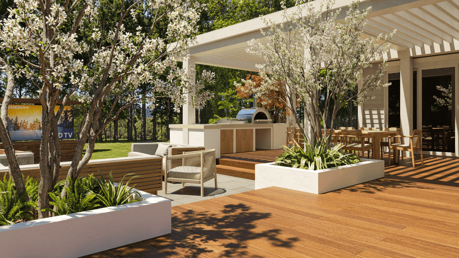 Architectural rendering of an Ohio residence outdoor kitchen integrated with stepped terrace seating and dining