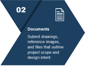 Graphic showing Step 02 titled "Documents" with paper icon and text about submitting drawings and reference images for project scope.
