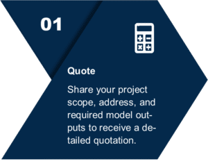 Graphic showing Step 01 titled "Quote" with calculator icon and text about sharing project scope to receive a detailed quotation.