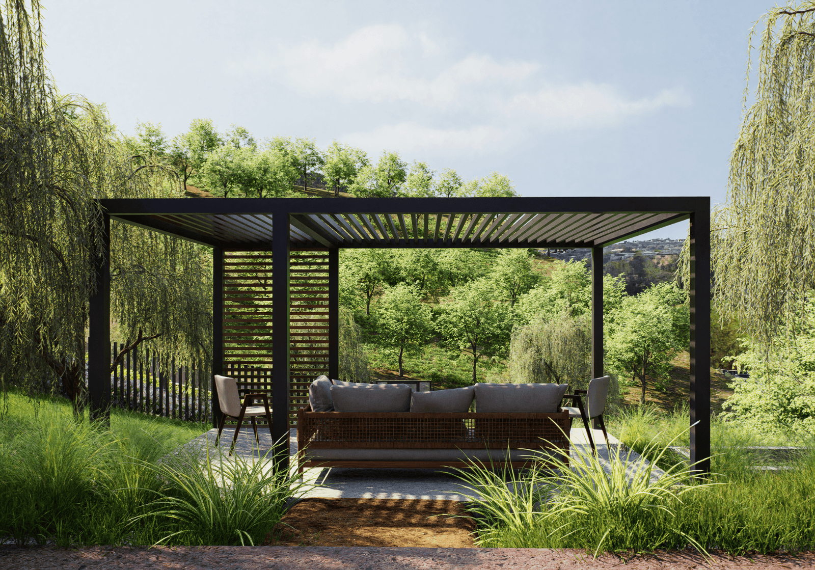 Landscape render of a steel pergola pavilion overlooking a wooded hillside in Foothills, California.