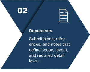 Graphic showing Step 02 of the Axon 2D Drafting Workflow with paper icon and text illustrating the documentation stage where clients provide plans, references, and layout details.