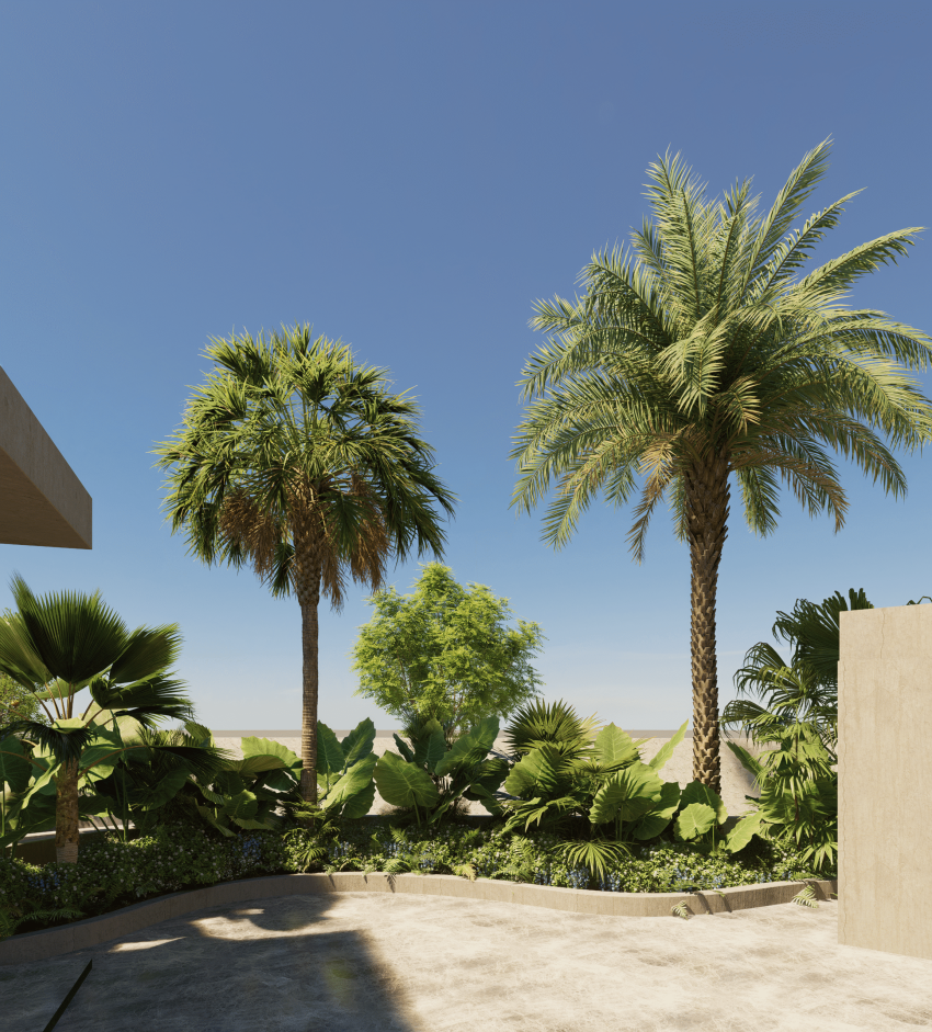 3D visualization of a contemporary Dubai residential exterior by Axon Immersive Visuals, showing architectural structure and detailed landscape.