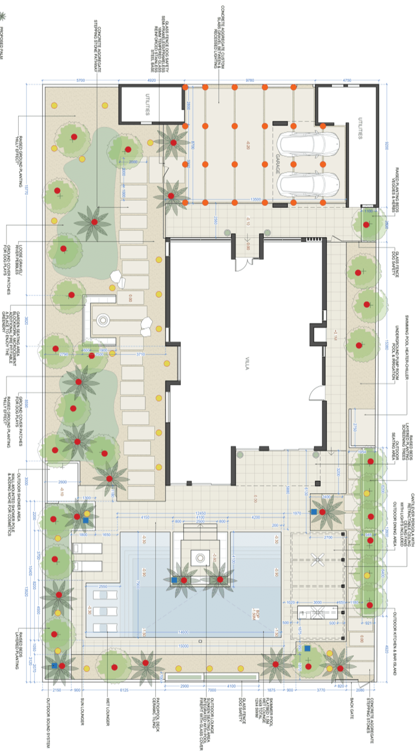 2D masterplan drawing of a residential villa site in Dubai showing pool, landscape layout, parking areas, and annotated technical dimensions.