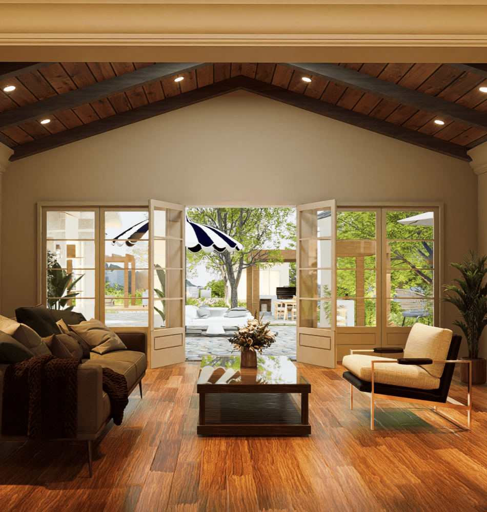 Interior visualization of a contemporary living space showing balanced lighting, texture, and proportion.